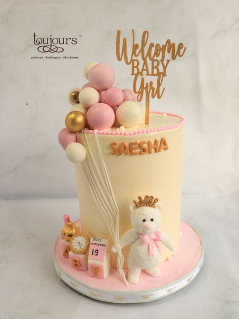 An adorable baby announcement cake for a baby girl with pink and ivory elements with the date, weight and time of birth and little celebratory teddy. Were Pregnant Cake, Its A Girl Cake, Cake For Newborn Baby Girl, Its A Girl Announcement Its A Girl Announcement Quotes, Baby Announcement Cake, Welcome Baby Girl Cake, Welcome Baby Girl Cake Ideas, Birth Cakes, Customised Cakes