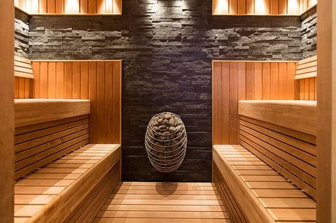 Great stone wall detail – gives the sauna a certain twist Huum Sauna Heater, Sauna Stone Wall, Luxury Sauna Design Interior, Sauna Room Ideas, Sauna Design Interior, Sauna Layout, Public Sauna, Huum Sauna, Sauna Aesthetic