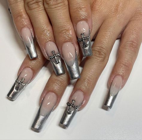 Nail Inspo Gel, Nessa Nails, Cross Nail Art, Cross Nails, Nails Silver, Edgy Nails, Long Acrylic Nails Coffin, Long Acrylic, Coffin Nails Long