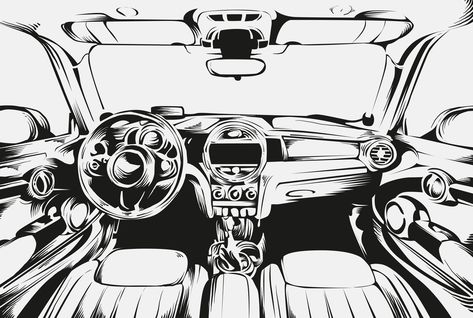 Car Dashboard Drawing, Car Interior Drawing Reference, Inside Car Drawing, Inside Car Perspective Drawing, Car Line Illustration, Inside Of A Car Drawing, Car Interior Drawing, Inside Car Illustration, Motorbike Art