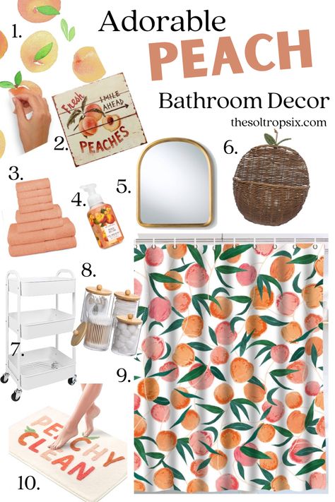 Themed Bathroom Ideas Fun, Peaches Bathroom, Peach And Green Bathroom, Sister Bathroom Ideas, Peachy Clean Bathroom, Peach Themed Bathroom, Peach Bathroom Decor, Themed Bathroom, Girls Bathroom Decor