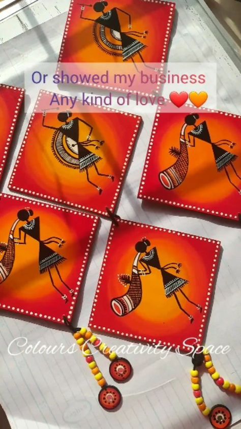 Coaster Painting, Craft Exhibition, Cardboard Crafts Decoration, Bamboo Painting, Diy Wall Hanging Crafts, Namaste Art, Entrance Arch, Worli Painting, Warli Painting