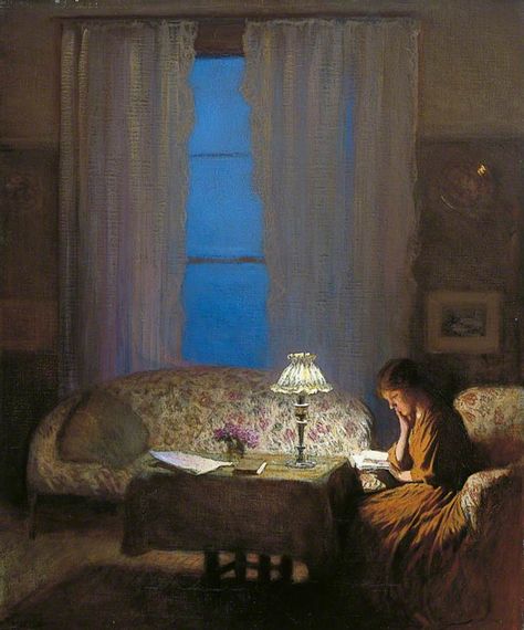 Twilight Interior, George Clausen, Art Mini Toile, Reading Art, Woman Reading, Reading A Book, Art Uk, Girl Reading, Mini Canvas Art