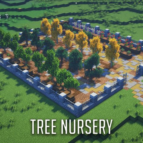 Minecraft Spawner Xp Farm Design, Minecraft Pasture Ideas, Minecraft Garden Layout, Tree Farm Minecraft Ideas, Minecraft Nursery Build, Minecraft Custom Birch Tree, Minecraft Medieval Farm Ideas, Minecraft Tree Farm Ideas, Crop Field Minecraft