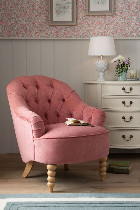 Complement your home with the stylish yet classic Hanby accent chair from Laura Ashley. A welcome addition to any room, this elegantly curved chair with a deep buttoned back and scroll arm details boasts style and superior craftsmanship. Adding to its charm this accent chair features expertly shaped bobble legs. Bedroom Chairs Ideas, Pink Chair Bedroom, Pink Furniture Bedroom, Pink Accent Chair, Curved Chair, Green Curtains, Chic Interior, Old Rose, Linen Shop