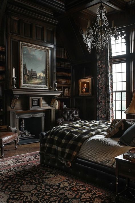 Dark English Bedroom, Bedroom Decor Ideas Dark, Victorian Bedroom Aesthetic, Dark Academia Bedroom Ideas, Bedroom Aesthetic Dark, English Bedroom, Bedroom Bookcases, Manor Aesthetic, Dark Academia Bedroom