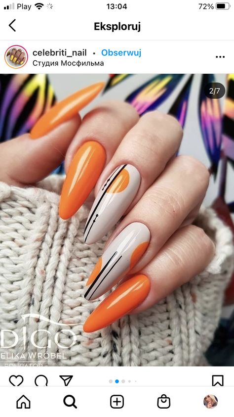 Orange And Purple Nails Ideas, Orange Gel Nail Designs, Orange Nails Art, Orange Nail Designs, Long Nail Designs, Orange Nails, Fabulous Nails, Classy Nails, Floral Nails