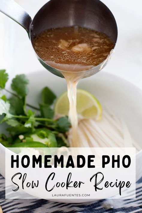 a bowl of rice noodles, cilantro, lime, and broth being poured into the bowl Easy Pho Broth Recipe, Slow Cooker Pho Chicken, Crock Pot Pho, Easy Pho Recipe Chicken, Vegetarian Pho Soup Recipe Easy, Pho Seasoning Recipe, Pho At Home Easy, Pho Recipes Authentic, Crockpot Pho Recipe