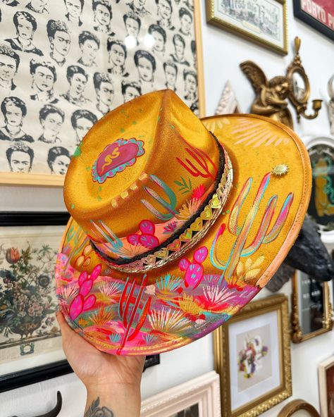 The burnt orange colorful moody florals though 🤯 All of these new hats just went up! These hats are hand painted and handmade. They are super highly quality and made with only the best materials! Vegan suede. Size 56-58 cm. One of one! #hats #rancherhat #hatbar #hat #floralhat Textured Hat, Burned Hats, Tea Hat, Hat Burning, Moody Florals, Rancher Hat, Denim Art, Painted Hats, Boho Hat