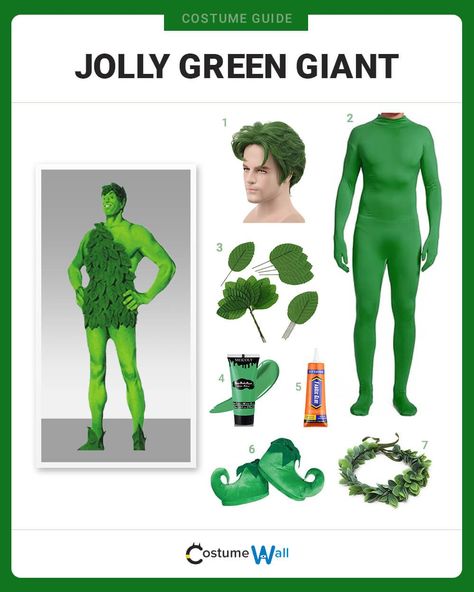 Jolly Green Giant Costume Giant Costume, Jolly Green Giant, Leaves Crown, Green Face Paint, Got Costumes, Green Elf, Full Bodysuit, Costume Guide, Elf Shoes