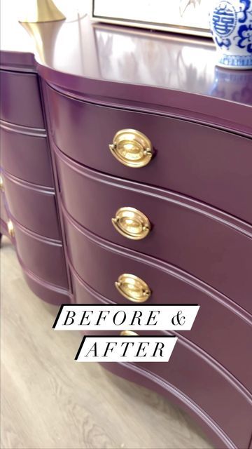 Purple Drawers, Diy Dressers, Purple Dresser, Serpentine Dresser, Dresser Refinish, Dresser Ideas, Long Dresser, Tall Dresser, Diy Dresser