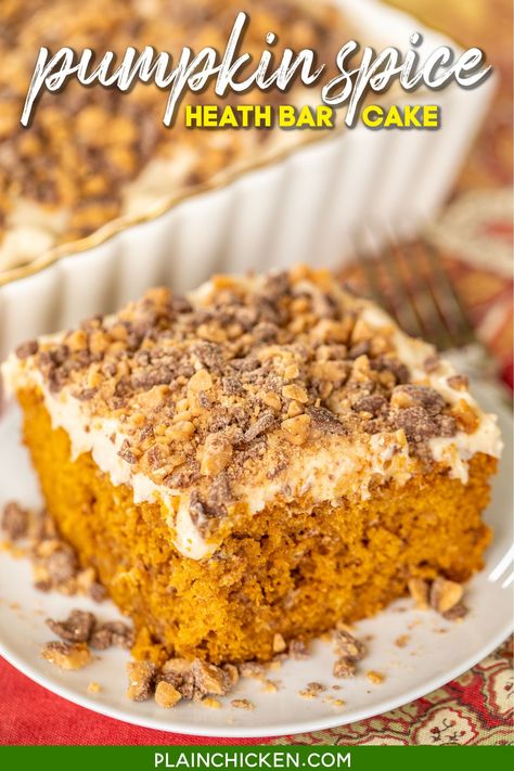 Pumpkin Spice Heath Bar Cake – OMG! This cake is to-die-for!!! Even pumpkin haters can’t resist this delicious cake! Pumpkin Spice Toffee cake with homemade cream cheese frosting and topped with more toffee bits! YUM!!! Spice cake mix, pumpkin, pumpkin spice, sour cream, oil, eggs, milk, sugar, cream cheese, vanilla, butter, powdered sugar, toffee bits. Can make ahead of time and refrigerate until ready to serve. Great for potlucks and holiday meals! #pumpkin #dessert #cake #pumpkinspice #toffee Pumpkin Toffee Cake, Pumpkin Spice Toffee, Heath Bar Cake, Cake Mix Pumpkin, Homemade Cream Cheese Frosting, Cake Pumpkin, Heath Bar, Toffee Cake, Homemade Cream Cheese