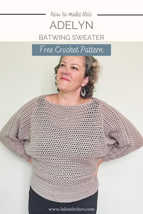 CROCHET BATWING SWEATER - Free Pattern ⋆ lulostitchco.com Batwing Sleeve Sweater Knitting Pattern, Batwing Crochet Sweater, Batwing Sleeve Knitting Pattern, Crochet Batwing Sweater Pattern Free, Crochet Batwing Sweater, Batwing Sweater Pattern, Moss Stitch Sweater, Crochet Batwing, Crochet Moss