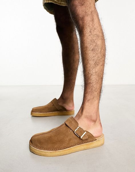 Shoes, Boots & Trainers by Clarks Originals These shoes + you = solemates Slip-on style Buckle and branded tag detail Round toe Flat sole Mule Outfit, Brown Loafer Shoes, Clarks Shoes Mens, Suede Cleaner, Men's Clarks, Brown Loafers, Suede Mules, Slip On Mules, Clarks Originals