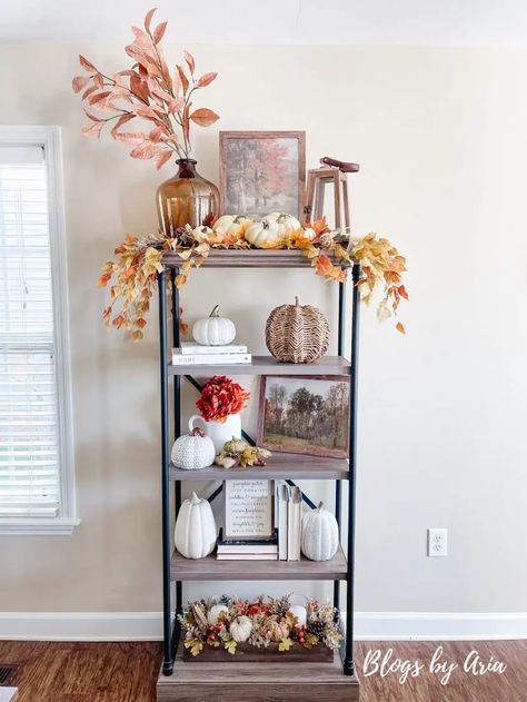 Fall styled bookshelf with pumpkins, autumn art and fall florals Fall Bookshelf, Fall Decor Ideas For Apartments, Fall Shelf Decor, Elegant Fall Decor, Modern Fall Decor, Garden Tattoo, Fall Decorating Ideas, Fall Entryway, Neutral Fall Decor