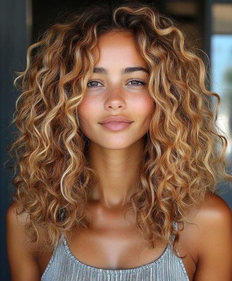 Curly Hair With Blonde Highlights: Sun-Kissed Spirals Curly Hair With Blonde Highlights, Blonde Highlights Ideas, Soft Balayage, Highlights Ideas, Blonde Streaks, Hair With Blonde Highlights, A Breath Of Fresh Air, Breath Of Fresh Air, Face Framing