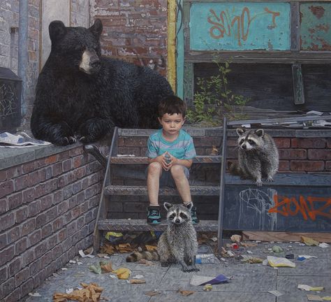 Children and Animals Commune Within Neglected Landscapes in New Paintings by Kevin Peterson | Colossal Kevin Peterson, Neglected Children, Hyper Realistic Paintings, Colossal Art, Realistic Paintings, Art Et Illustration, Bear Art, Art Studies, Black Bear