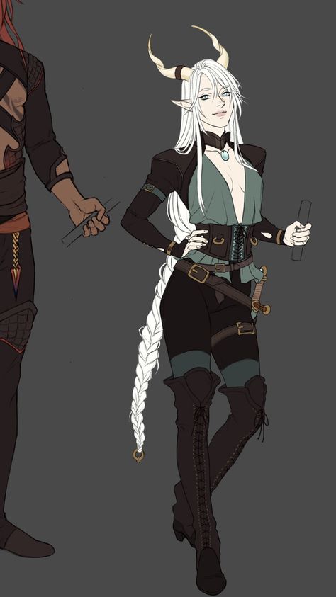 Rogue Outfit Design, Dnd Character Outfit Design, Dnd Outfit Ideas, Dnd Rogue Outfit, Horned Character Design, Dnd Fighter Character Design, Sorcerer Pose Reference, Dnd Outfits Female, Dnd Clothing Design