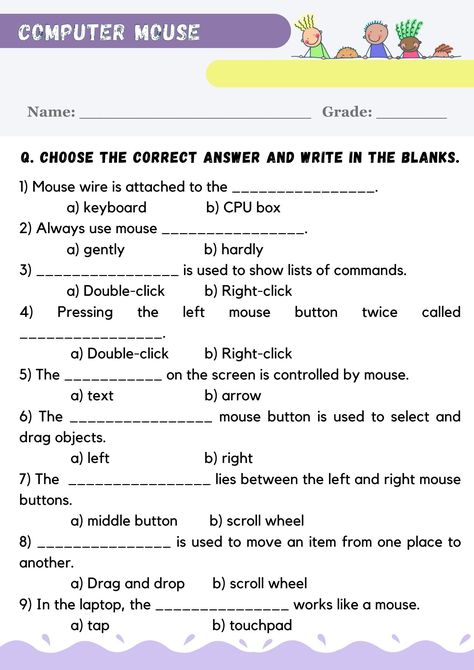 Practice worksheet of computer mouse for grade 2 children. Computer Worksheet For Grade 4, Computer Lessons, Computer Basic, 2nd Grade Worksheets, Computer Paper, Computer Basics, 1st Grade Worksheets, Science Worksheets, Preschool Learning Activities