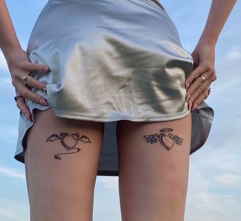 Angel And Devil Tattoo, Back Of Thigh Tattoo, Upper Leg Tattoos, Back Of Leg Tattoos, Cute Thigh Tattoos, Парные Тату, Leg Tattoos Women, Wings Art, Thigh Tattoos Women