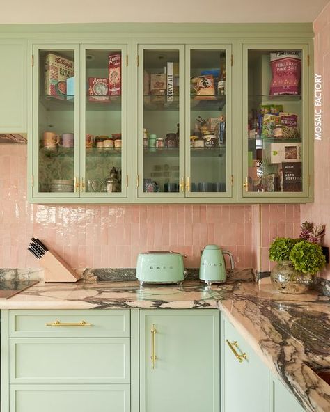 Pink Tile Backsplash, Mint Green Kitchen, Mint Kitchen, Cabinet Trends, Sage Kitchen, Pink Tile, Kitchen Cabinet Trends, Pastel Room, Zellige Tile