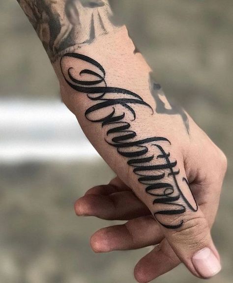 Lettering Letter Tattoos On Hand, Ambition Tattoo, Herren Hand Tattoos, Side Hand Tattoos, Tattoo Lettering Styles, Omerta Tattoo, 4 Tattoo, Inspiration Tattoos, Tattoo Lettering Fonts