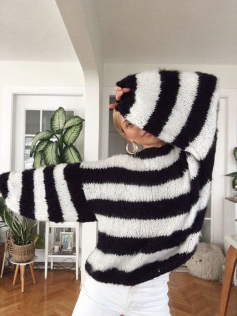 Black And White Striped Knit Sweater, Black And White Knitted Sweater, Wool Sweater Aesthetic, Knitting Jumper, Bridal Sweater, Sweater Stripe, Black White Sweater, Mohair Jumpers, Chunky Turtleneck Sweater