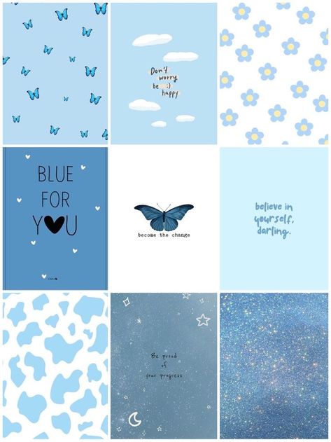 Blue Collage Prints, Blue Posters Aesthetic, Wall Collage Blue, Blue Aesthetic Poster, Blue Collage Wallpaper, Blue Butterfly Aesthetic, Patterns Aesthetic, Canva Tips And Tricks, Flowers On Blue Background