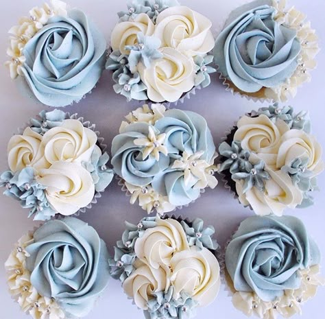 Pale Blue Cupcakes, Light Blue Cupcakes Wedding, Simple Elegant Cupcake Designs, Winter Theme Cupcakes, Dusty Blue Cupcakes, January Cupcakes, Blue Rose Cupcakes, Blue Flower Cupcakes, Baby Blue Cupcakes