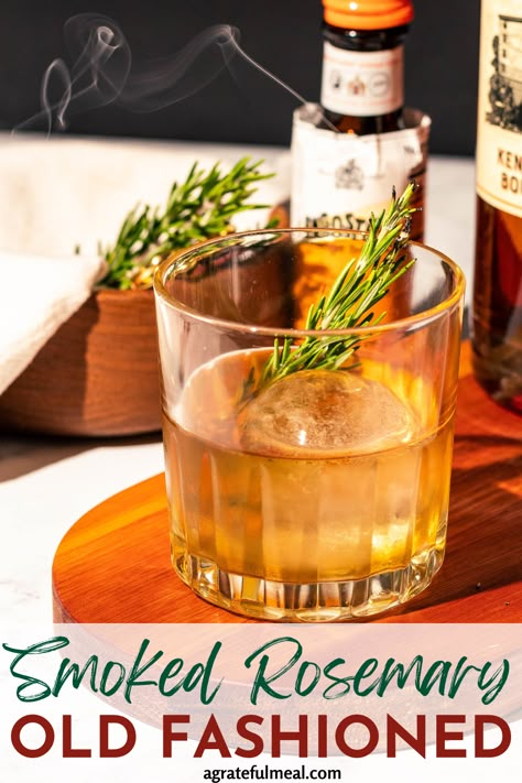 Cocktail With Rosemary Simple Syrup, Rosemary Whiskey Cocktail, Rosemary Bourbon Cocktail, Smoky Cocktails Drink Recipes, Smoked Rosemary Cocktail, Unique Old Fashioned Cocktail, Smoked Old Fashioned Recipes Cocktail, Smoked Bourbon Cocktail, Smokey Old Fashioned Cocktail