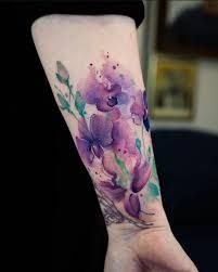 Violet Watercolor Tattoo, Flower Garden Tattoo, Floral Watercolor Tattoo, Lily Tattoos, Sleeve Filler, Tattoo Sleeve Filler, Flower Tat, Garden Tattoos, Watercolor Tattoo Flower