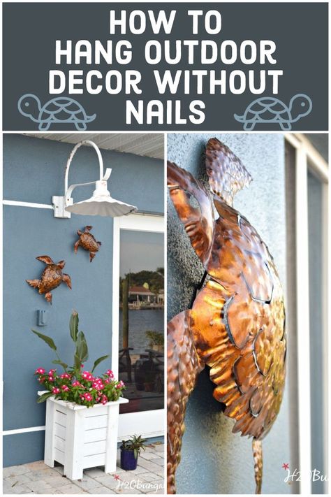 Outside Wall Decor Ideas Backyards, Exterior House Decor Hanging, Outdoor Wall Decor On Siding, Stucco Decor, Patio Wall Decor Outdoor, Outdoor Wall Decor Ideas, Hanging Heavy Pictures, Halloween Lockscreen, Outside Wall Decor