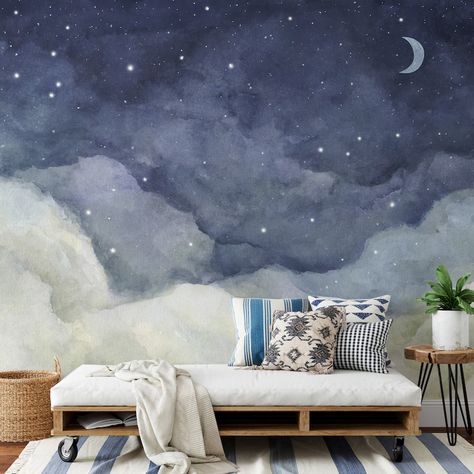 Starry Night Sky and Crescent Moon Watercolor Wall Mural Serene Bedroom Wallpaper Decor Removable Wallpaper - Etsy Night Sky Mountain Mural Nursery, Night Sky Mural, Bedroom Wallpaper Decor, Moon Bedroom, Sky Mural, Cloud Bedroom, Galaxy Room, Sky Nursery, Star Bedroom