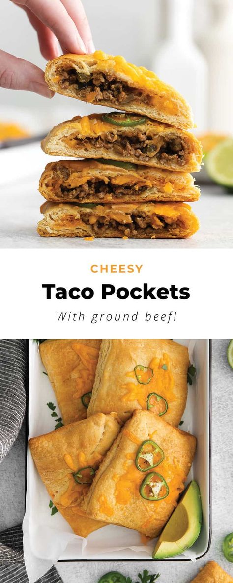 Ground Beef Pocket Recipes, Croissant Tacos Crescent Rolls, Crescent Rolls Ground Beef Recipes, Pilsbury Crescent Recipes Dinner Meals, Pocket Tacos Recipe, Hamburger Meat Recipes Crescent Rolls, Crescent Roll Savory Recipes, Taco Cresent Rolls, Taco Pockets Crescents