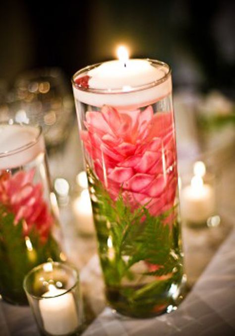 Pink Ginger Centerpieces...BEAUTIFUL! Submerged Flower Centerpiece, Candles And Flowers, Glass Cylinder, Deco Floral, Glass Vases, Water Flowers, Flower Centerpieces, Here Comes The Bride, Decoration Table