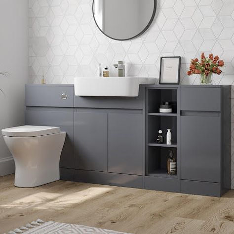 What's included:1x Flat Pack Freestanding Vanity Unit With Doors1x Single Tap Hole Semi Recessed Basin1x Back To Wall Toilet Unit1x Soft Close Toilet Seat1x Concealed Cistern & Dual Flush Button1x Back To Wall Toilet Pan1x 3 Shelf Storage Unit1x Door Vanity Unit Key features:Stylish toilet, basin, freesanding unit and shelf unit combinationSpace saving back to wall toiletLuxury soft close D shape toilet seat1 tap hole semi recessed basinBeautiful grey gloss finish10 year guarantee Built In Toilet And Sink Unit, Toilet And Sink Vanity Unit, Ensuite Remodel, Parents Bathroom, Bathroom Built Ins, Guest Ensuite, Combo Bathroom, Cloakroom Ideas, Bathroom Colours