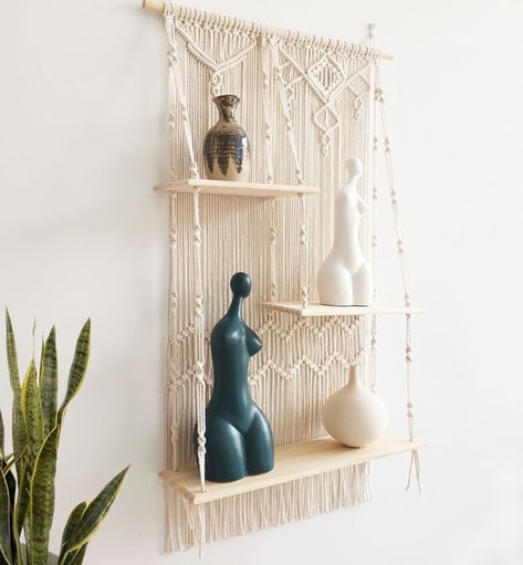 Macrame Wall Hanging Shelf, Macrame Hanging Shelf, Macrame Wall Hanging Ideas, Rope Plant Hanger, Hanging Rope Shelves, Boho Tree, Rope Plant, Wall Hanging Shelf, Plant Pot Holder