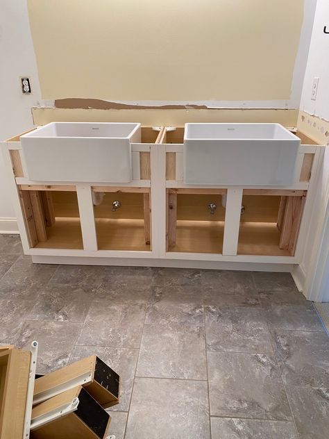 How I Installed 2 Elkay Fireclay Farmhouse Sinks Into Our Girls' Bathroom (And Built A Vanity Around Them) - farmhouseish Farmhouse Sink Installation, Sink Installation, Old Cabinet Doors, Farmhouse Sinks, Fireclay Farmhouse Sink, Pocket Hole Screws, Concealed Hinges, Small Cabinet, Girls Bathroom