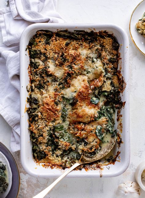 This double kale gratin has two kinds of kale, three kinds of cheese, cream and crunchy breadcrumbs. It will be your new favorite side dish! Kale Gratin, Brussels Sprouts Gratin, Creamed Kale, Best Thanksgiving Recipes, Kinds Of Cheese, Holiday Side Dishes, Favorite Side Dish, How Sweet Eats, Vegetable Side Dishes