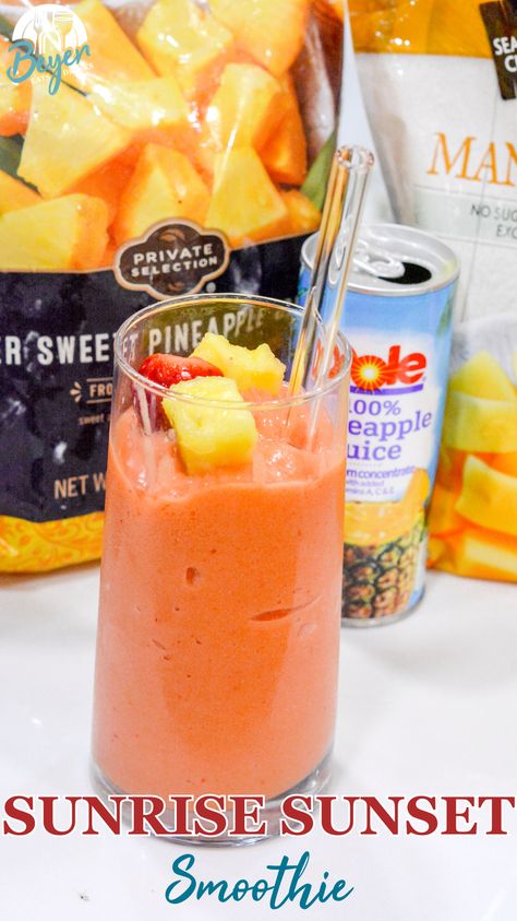 Tropical Smoothie Sunrise Sunset Smoothie is easy to make with frozen pineapple, mango, and strawberries for a great made at home smoothie. Sunrise Sunset Smoothie, Sunset Smoothie, Pineapple Mango Smoothie, Frozen Strawberry Recipes, Lush Desserts, Sunrise Smoothie, Family Drinks, Tropical Smoothie Recipes, Mango Pineapple Smoothie