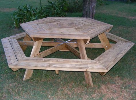 hexagonal picnic table made by Charles Octagon Picnic Table, Diy Picnic Table, Hexagonal Table, Picnic Table Plans, Wooden Picnic Tables, Deck Table, Mountain Design, Picnic Bench, Outdoor Furniture Plans