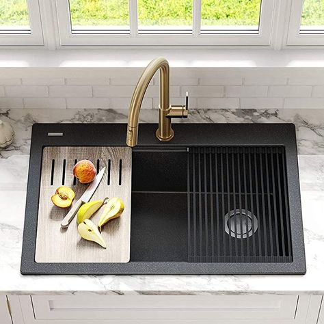 Sink With Accessories, Granite Composite Kitchen Sink, Workstations Design, Granite Composite Sinks, Black Kitchen Sink, Drop In Kitchen Sink, Granite Kitchen Sinks, Black Sink, Drain Opener