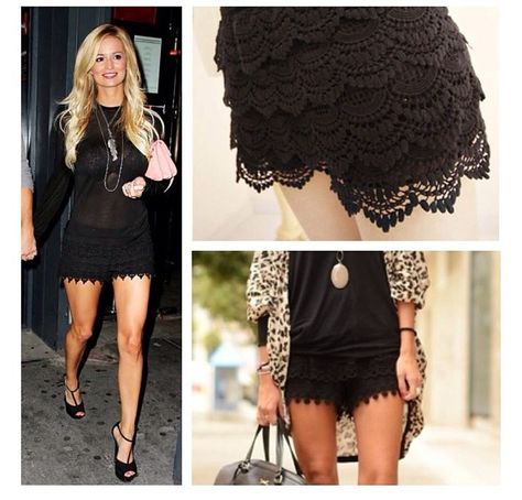 Black lace shorts Black Lace Shorts Outfit, Lace Shorts Outfit, Lace Short Outfits, Crochet Lace Shorts, Shorts With Lace, Black Lace Shorts, Shorts Outfit, Black Shorts, Crochet Lace