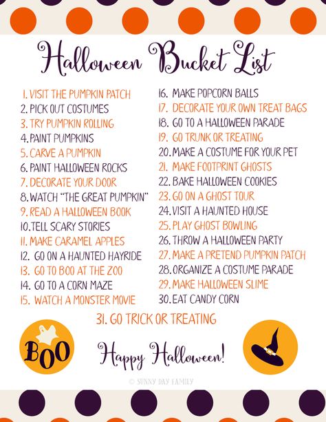 Countdown to Halloween with 31 fun family activities & a free printable Halloween bucket list.       Can you believe it's almost Octobe... Halloween Bucket List, Countdown To Halloween, Free Printable Halloween, Halloween Scavenger Hunt, Fall Boards, Halloween Buckets, Halloween Parade, Halloween Traditions, Halloween Countdown