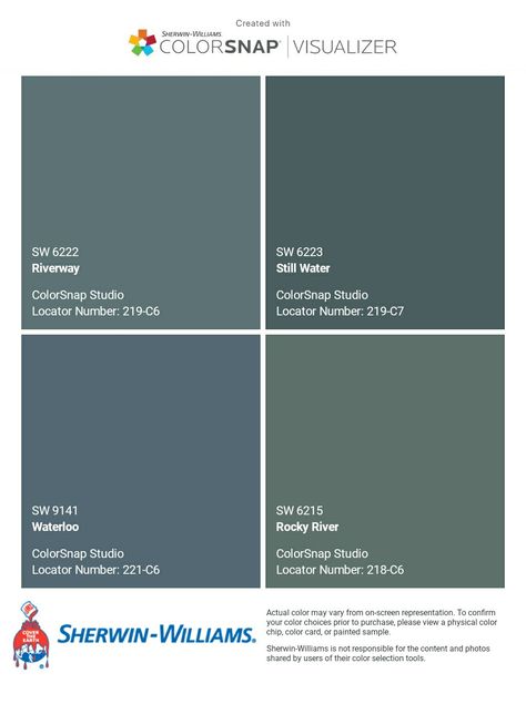 I just created this color palette with the Sherwin-Williams ColorSnap® Visualizer app on my Android phone. What do you think? You can learn more about ColorSnap Visualizer and get it on your phone free by visiting https://www.sherwin-williams.com/content/colorsnap.html. Still Water Paint Sherwin Williams, Sherwin Williams Still Water Front Door, Blue Green Gray Paint Colors Sherwin Williams, Sherwin Williams Waterloo Exterior, Sherwin Williams Blue Green Paint Colors Master Bedrooms, Still Water Sherwin Williams Exterior, Sherwin Williams Rocky River Paint, River Way Sherwin Williams, Sherwin Williams Willow Leaf