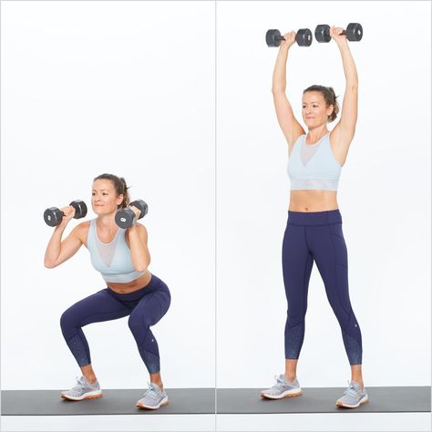 Dumbbell Thrusters Dumbbell Thrusters, Pop Sugar, Squat Press, Dumbbell Squat, Arm Exercises, Compound Exercises, Overhead Press, Popsugar Fitness, Post Partum