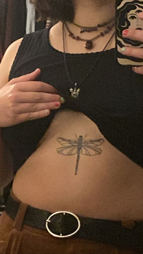 Dragonfly Tattoo Between Chest, Dragonfly Tattoo On Stomach, Dragonfly Tattoo Chest For Women, Dragon Fly Stomach Tattoo, Rib Dragonfly Tattoo, Dragonfly Tattoo On Chest, Dragonfly Sternum Tattoo Women, Dragonfly Stomach Tattoo, Dragonfly Tattoo Hand