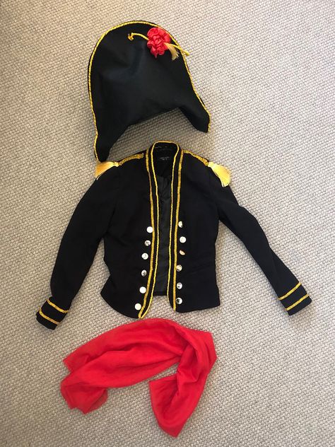 Admiral Hornhonker costume for Pirates of the Curry Bean school play. A secondhand jacket which I decorated with buttons and gold braid, the hat I made from black felt and a red scarf for a belt. Worn with black leggings and a school polo shirt. Captain Hook Costume, School Play, Pirate Costume, Red Scarves, Captain Hook, Black Felt, Black Leggings, Varsity Jacket, Polo Shirt