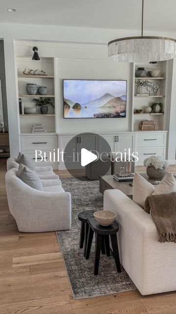 Christine Melin | Design • Home Decor • Lifestyle on Instagram: "Your built-in questions answered! (DETAILS BELOW)

Need a link for decor or hardware? 
✨Comment SHOP & I’ll send them to you.
(in order to receive links from me, you need to be following my account, or IG blocks them) 

(Our entire built-in was custom, nothing was prefabricated) 
•Overall height 10’
•Overall width 11’
•For reference, our TV is 75”

•Shelves are white oak with a custom stain
•Shelves measure 1.5” x 34” x 13” 
•Vertical distance between shelves 17”

•Shaker style drawers/cabs 
•Paint: color matched with kitchen cabs 
  BJ Tidwell White (BJ Tidwell) 
•Center cabinet doors 30” x 20” 
•Drawers 35” x 15” (soft close) 
•Center cabinets pop out 2” from rest of 
  built-in 

•Hardware 5 1/16” & 12” appliance pulls 

O Built In Tv Cabinet, Dining Living Room, Appliance Pull, Question And Answer, Shaker Style, White Oak, Cabinet Doors, Color Matching, Shelves