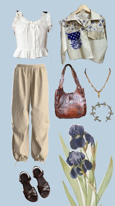 Flower outfit - Iris aesthetic - Fairycore - Whimsi blue - parachute pants Iris Aesthetic, Flower Outfit, Cloth Flowers, Your Aesthetic, Creative Energy, Parachute Pants, Energy, Outfit Accessories, Pants